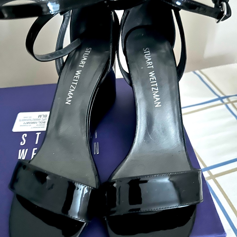 Stuart Weitzman Black Patent Leather Wedge Sandals with Ankle Strap